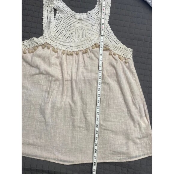 ADIVA Ivory white crochet lace inserts tank top gauzy cotton cloth pompoms Sz L - Picture 11 of 11